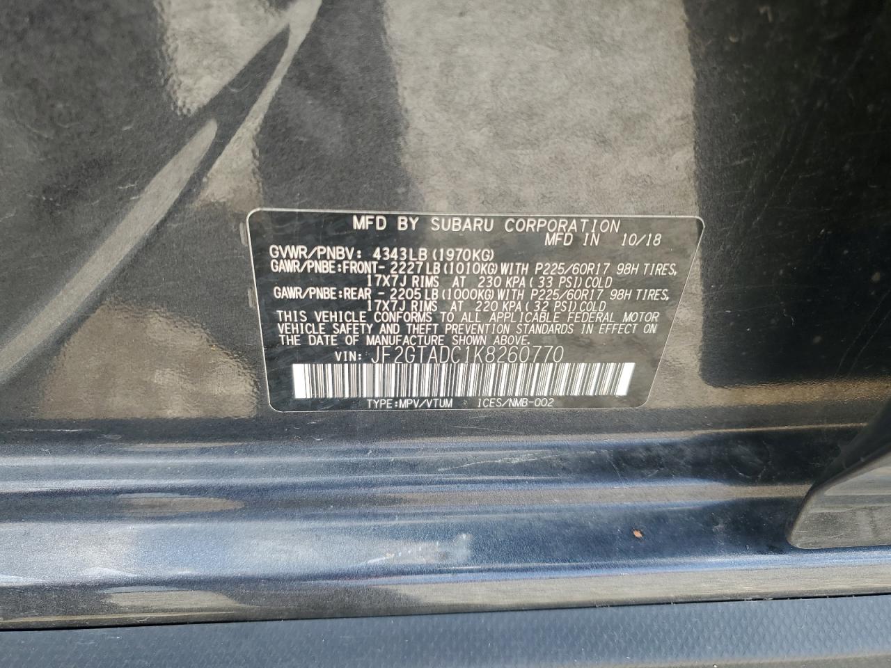 2019 Subaru Crosstrek Premium VIN: JF2GTADC1K8260770 Lot: 64472005