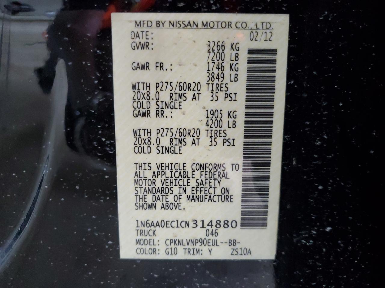 2012 Nissan Titan S VIN: 1N6AA0EC1CN314880 Lot: 64374475