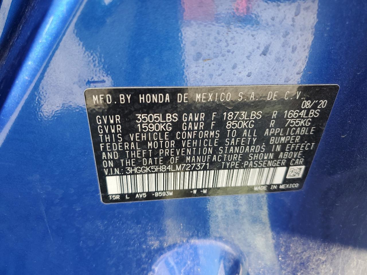 2020 Honda Fit Ex VIN: 3HGGK5H84LM727371 Lot: 63652925