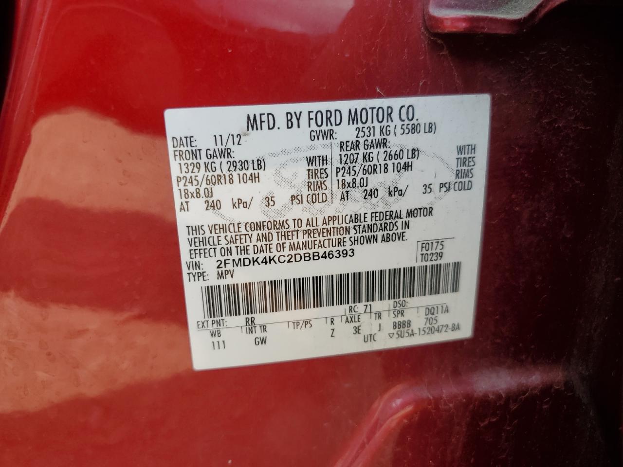 2013 Ford Edge Limited VIN: 2FMDK4KC2DBB46393 Lot: 65704675