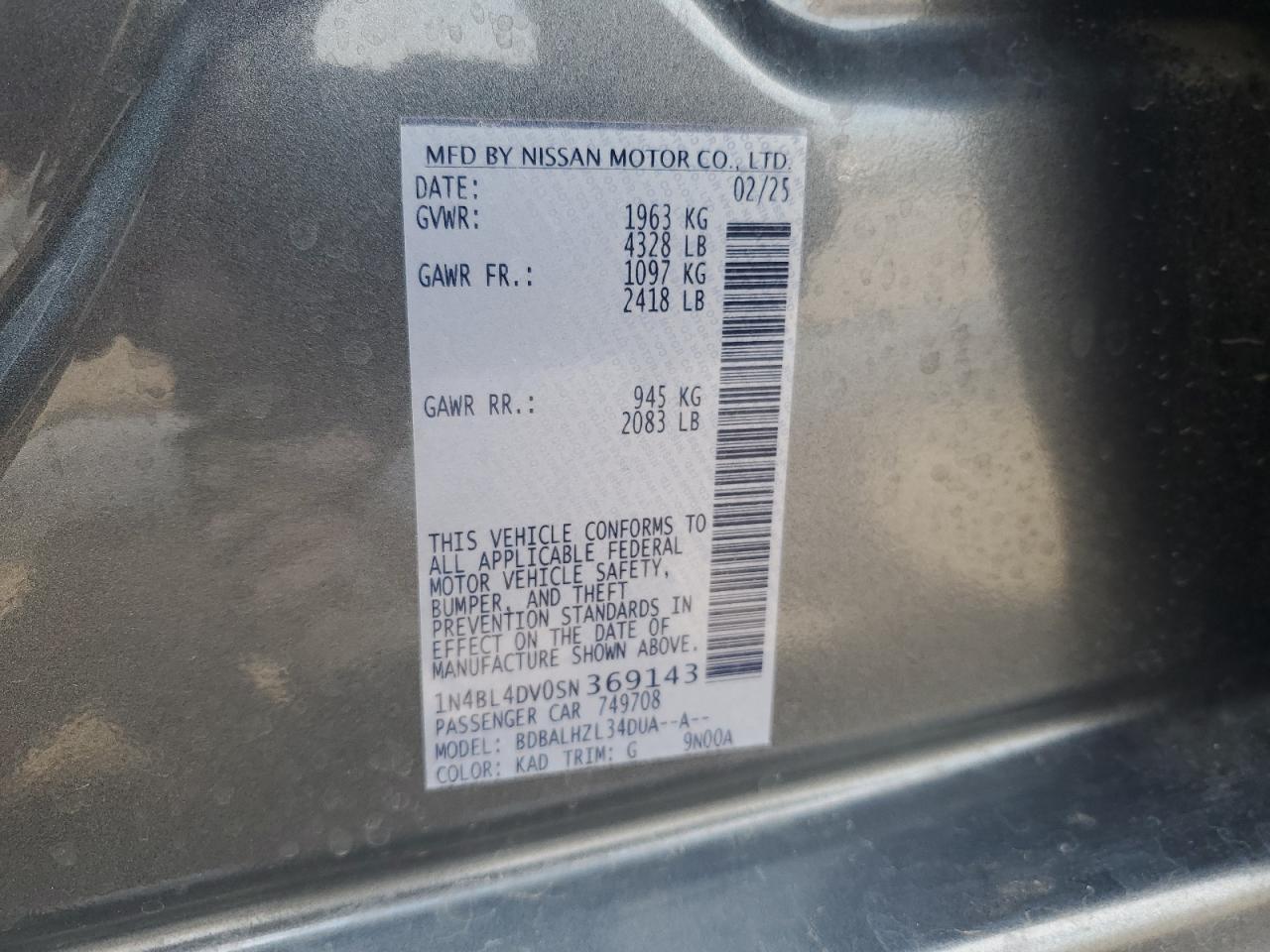 2025 Nissan Altima Sv VIN: 1N4BL4DV0SN369143 Lot: 65278415