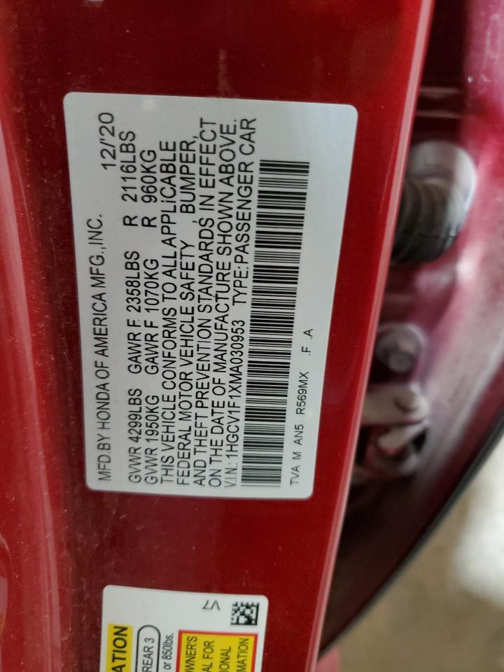2021 Honda Accord Lx VIN: 1HGCV1F1XMA030953 Lot: 63603135