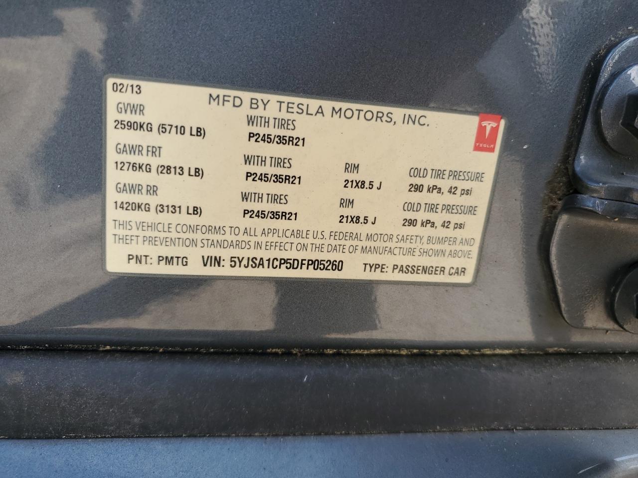 2013 Tesla Model S VIN: 5YJSA1CP5DFP05260 Lot: 62391945