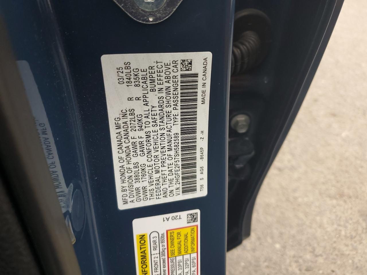 2025 Honda Civic Sport VIN: 2HGFE2F57SH582589 Lot: 64316095