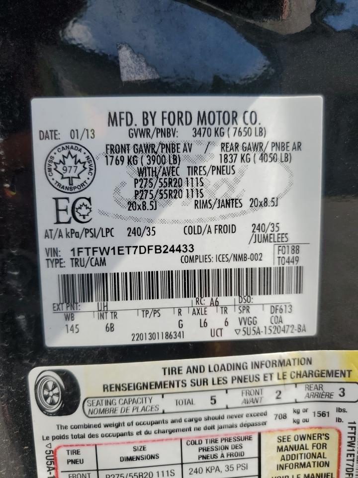 2013 Ford F150 Supercrew VIN: 1FTFW1ET7DFB24433 Lot: 66225585