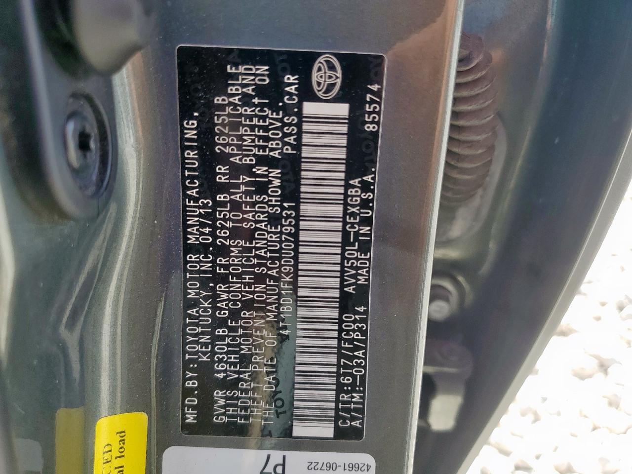 2013 Toyota Camry Hybrid VIN: 4T1BD1FK9DU079531 Lot: 64964165