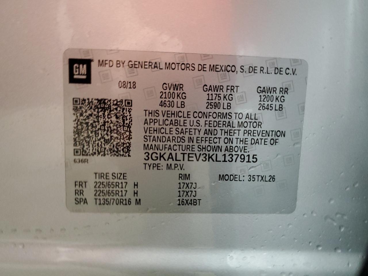 2019 GMC Terrain Sle VIN: 3GKALTEV3KL137915 Lot: 63693605