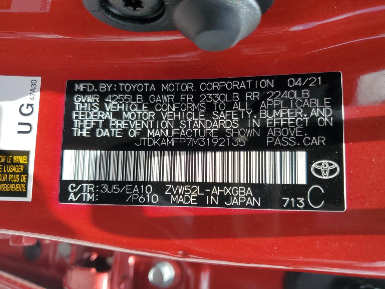2021 Toyota Prius Prime Le VIN: JTDKAMFP7M3192135 Lot: 64205425