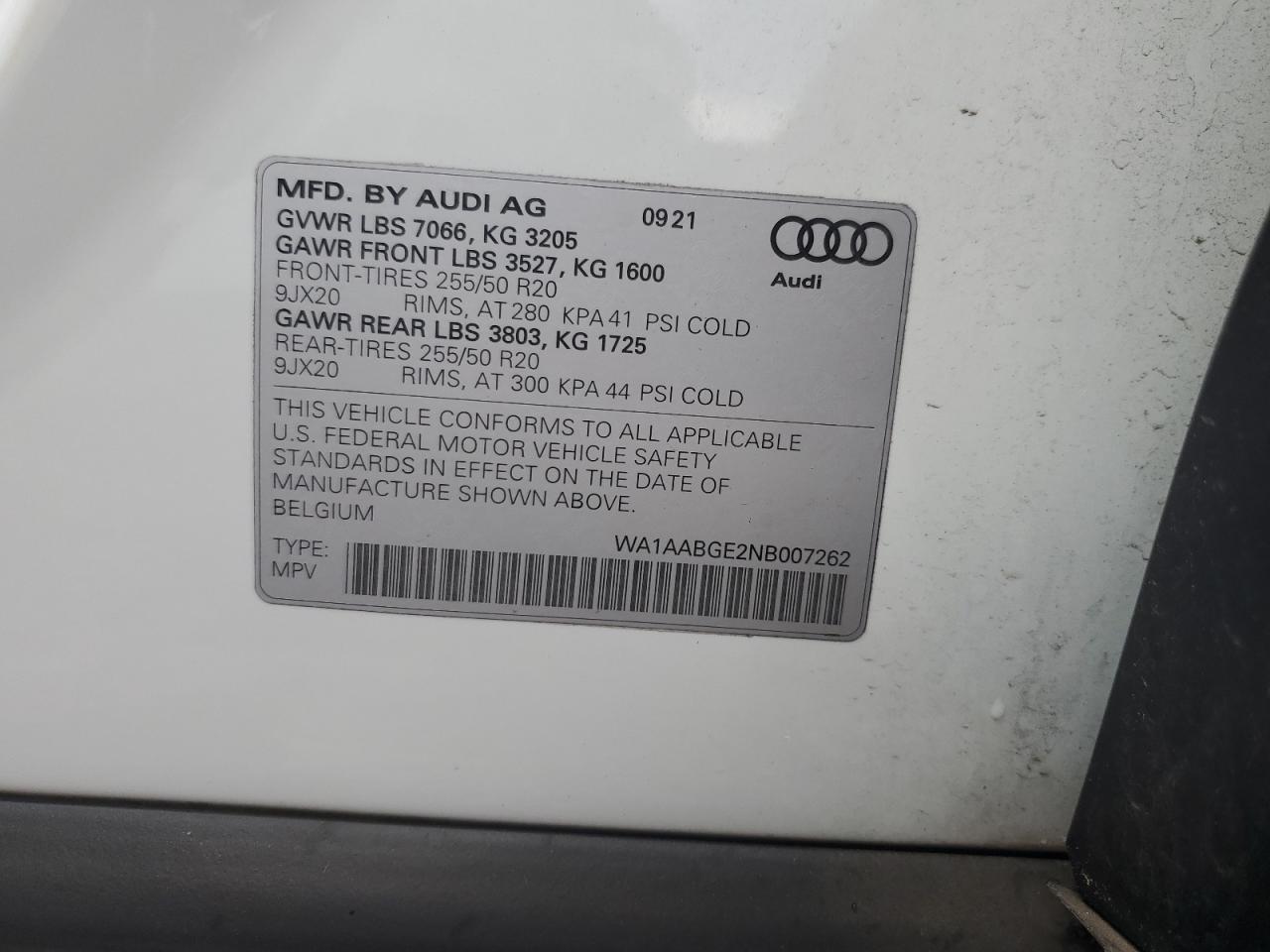 2022 Audi E-Tron Premium VIN: WA1AABGE2NB007262 Lot: 62931785