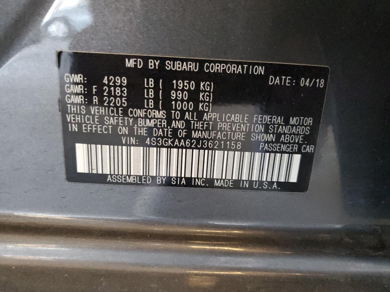 2018 Subaru Impreza VIN: 4S3GKAA62J3621158 Lot: 66488745