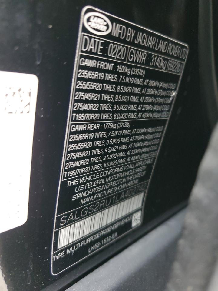 2020 Land Rover Range Rover Hse VIN: SALGS2RU1LA402742 Lot: 64950325