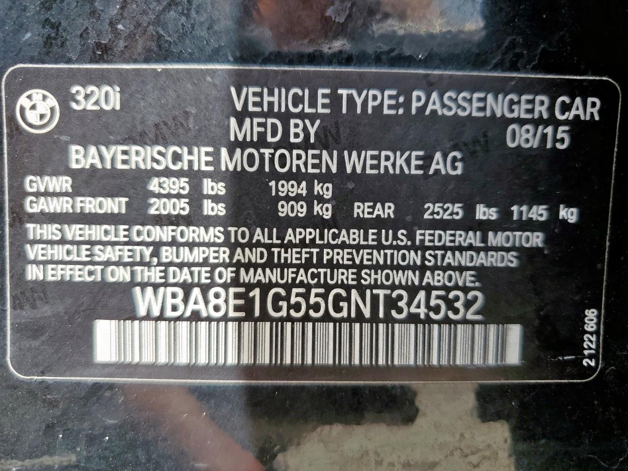 2016 BMW 320 I VIN: WBA8E1G55GNT34532 Lot: 65256225