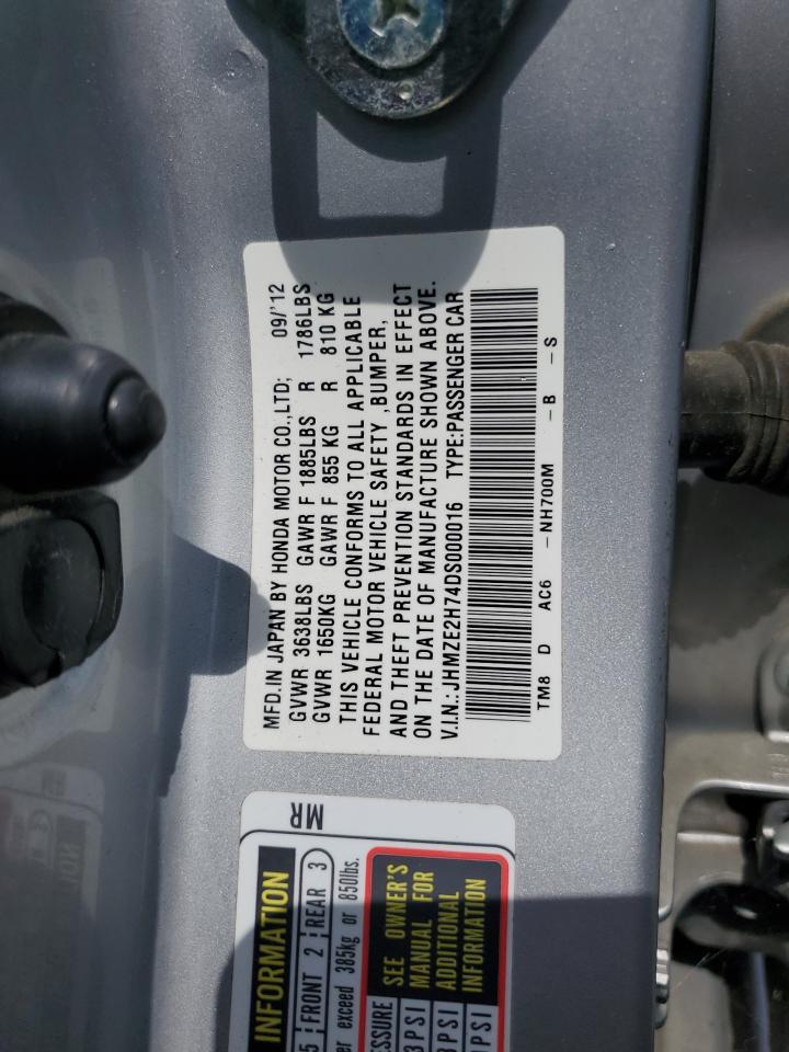2013 Honda Insight Ex VIN: JHMZE2H74DS000016 Lot: 64495005