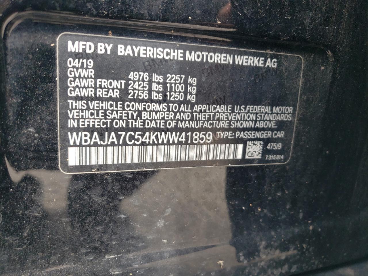 2019 BMW 530 Xi VIN: WBAJA7C54KWW41859 Lot: 64844135