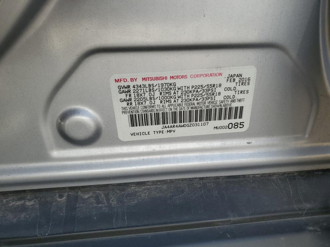 2016 Mitsubishi Outlander Sport Sel VIN: JA4AR4AW0GZ031107 Lot: 64262615