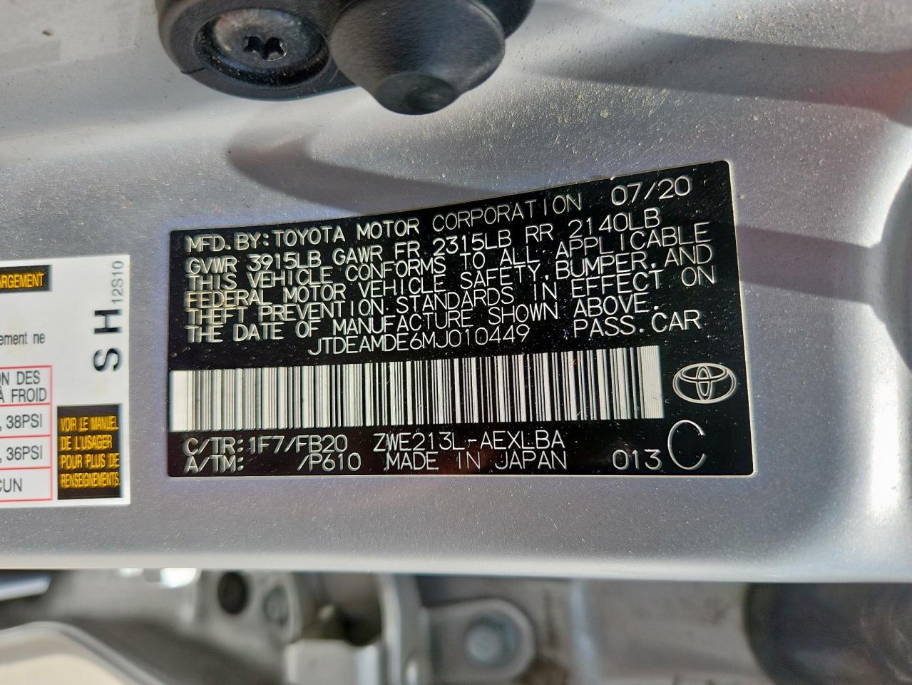 2021 Toyota Corolla Le VIN: JTDEAMDE6MJ010449 Lot: 63421375