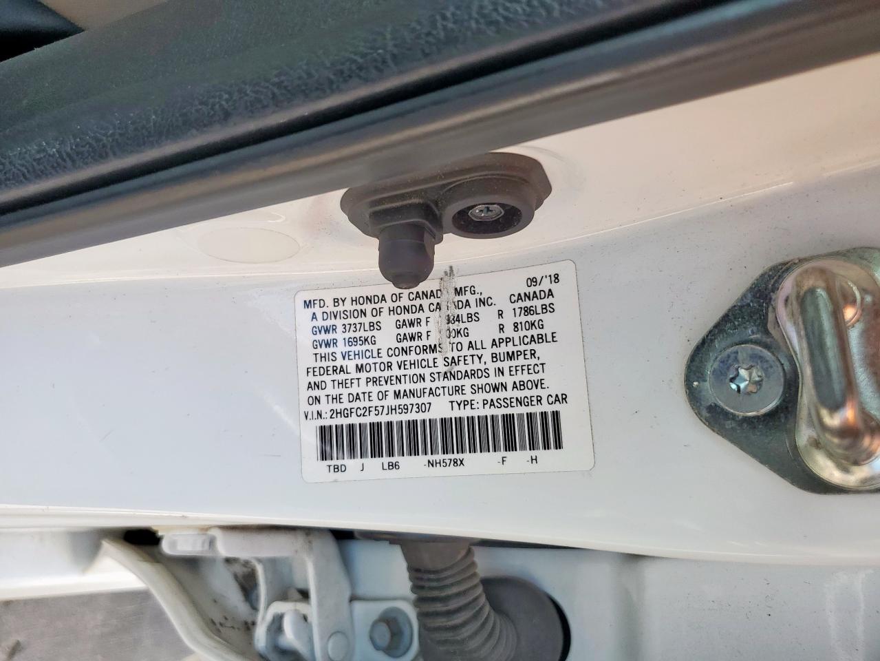 2018 Honda Civic Lx VIN: 2HGFC2F57JH597307 Lot: 64053135