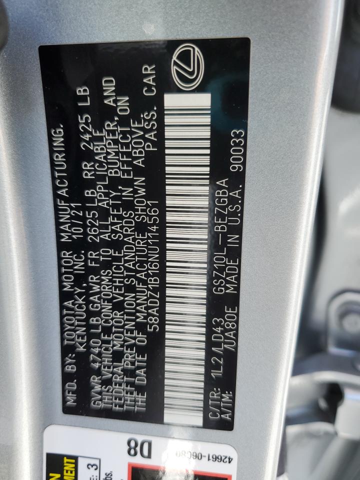 2022 Lexus Es 350 Base VIN: 58ADZ1B16NU114561 Lot: 63160245
