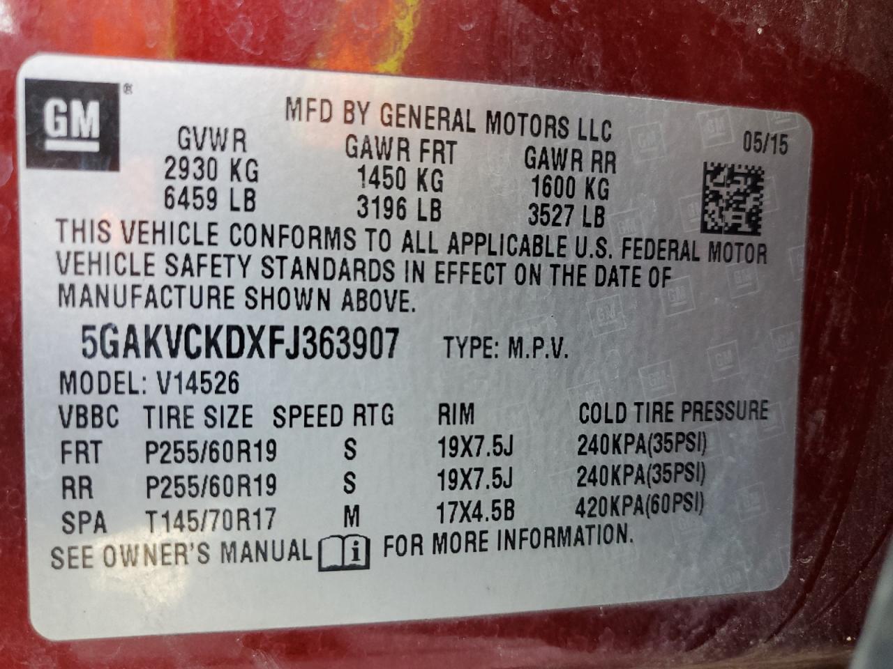2015 Buick Enclave VIN: 5GAKVCKDXFJ363907 Lot: 63992845