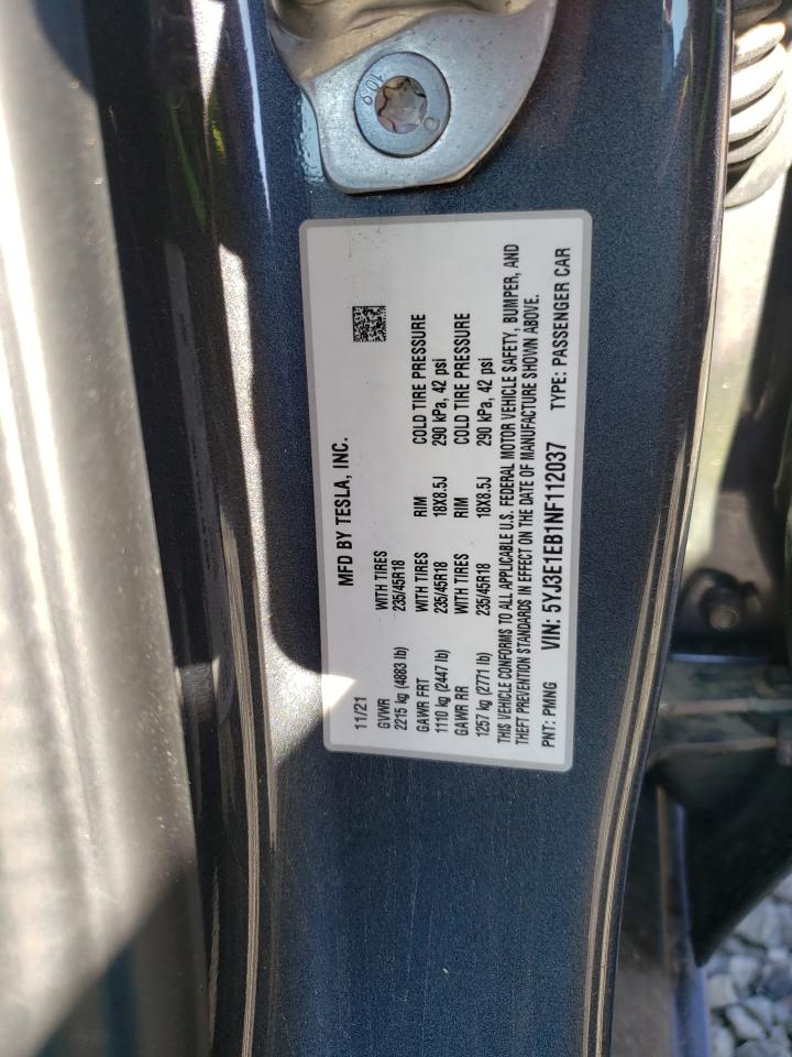 2022 Tesla Model 3 VIN: 5YJ3E1EB1NF112037 Lot: 63696395