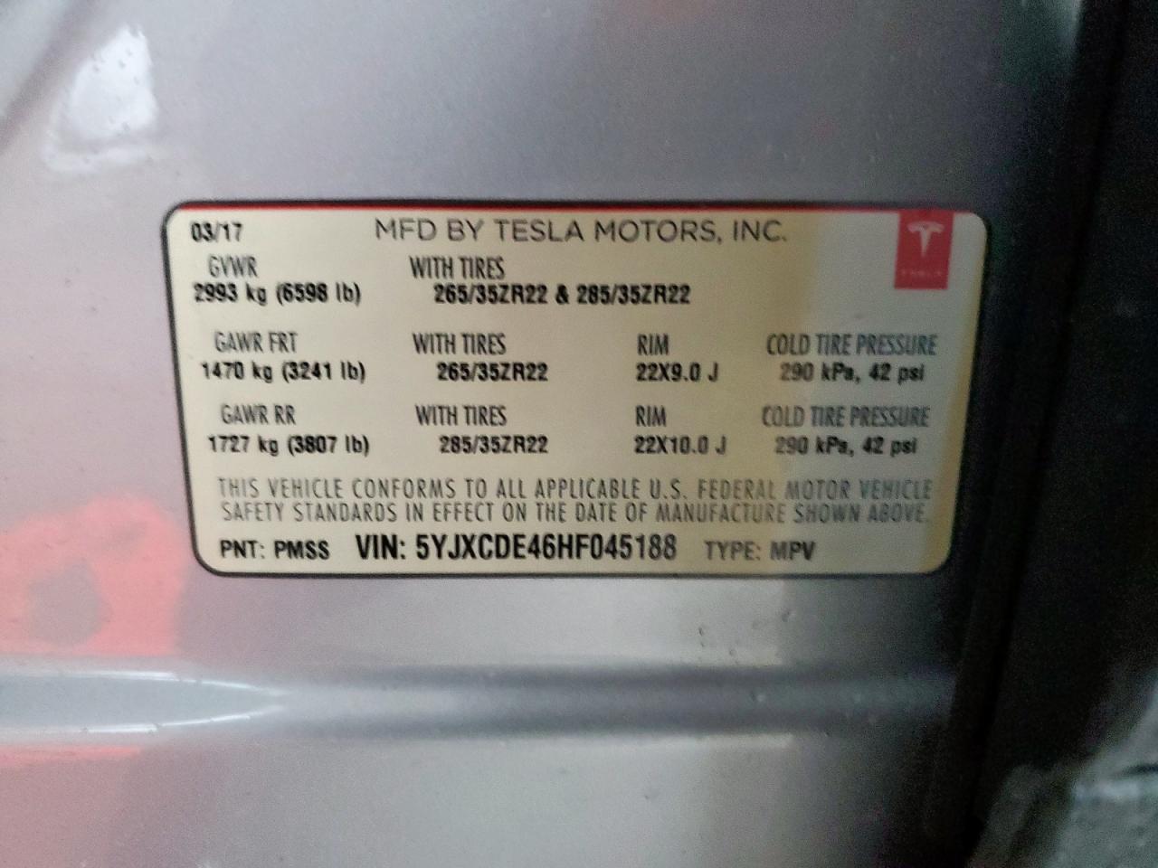 2017 Tesla Model X VIN: 5YJXCDE46HF045188 Lot: 63312075
