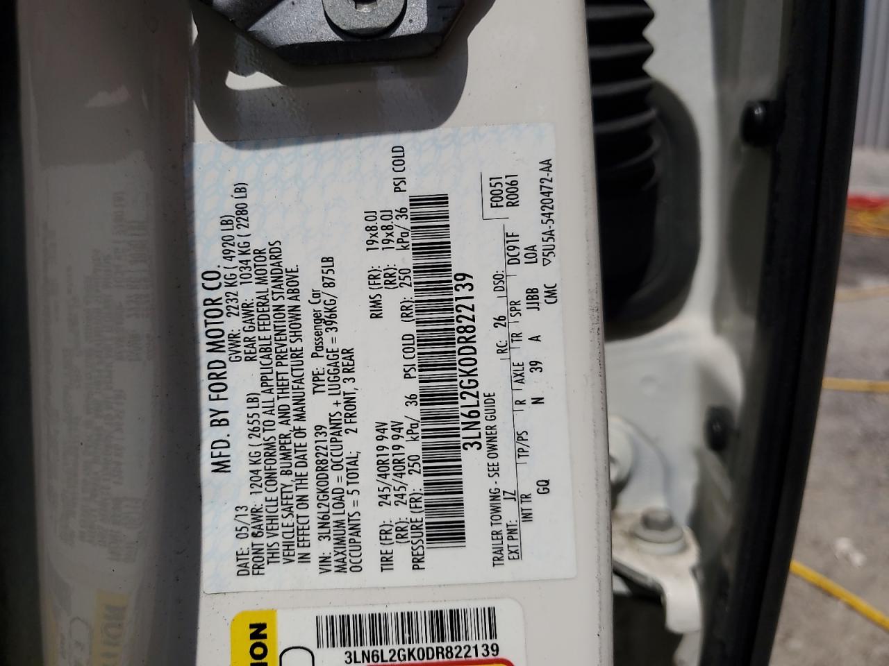 2013 Lincoln Mkz VIN: 3LN6L2GK0DR822139 Lot: 66610935