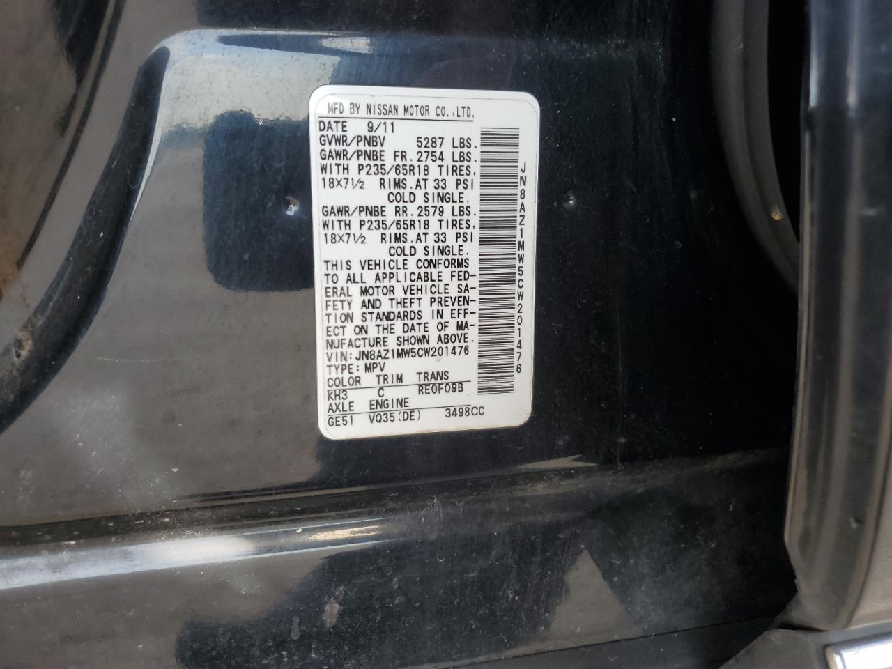 2012 Nissan Murano S VIN: JN8AZ1MW5CW201476 Lot: 65196115