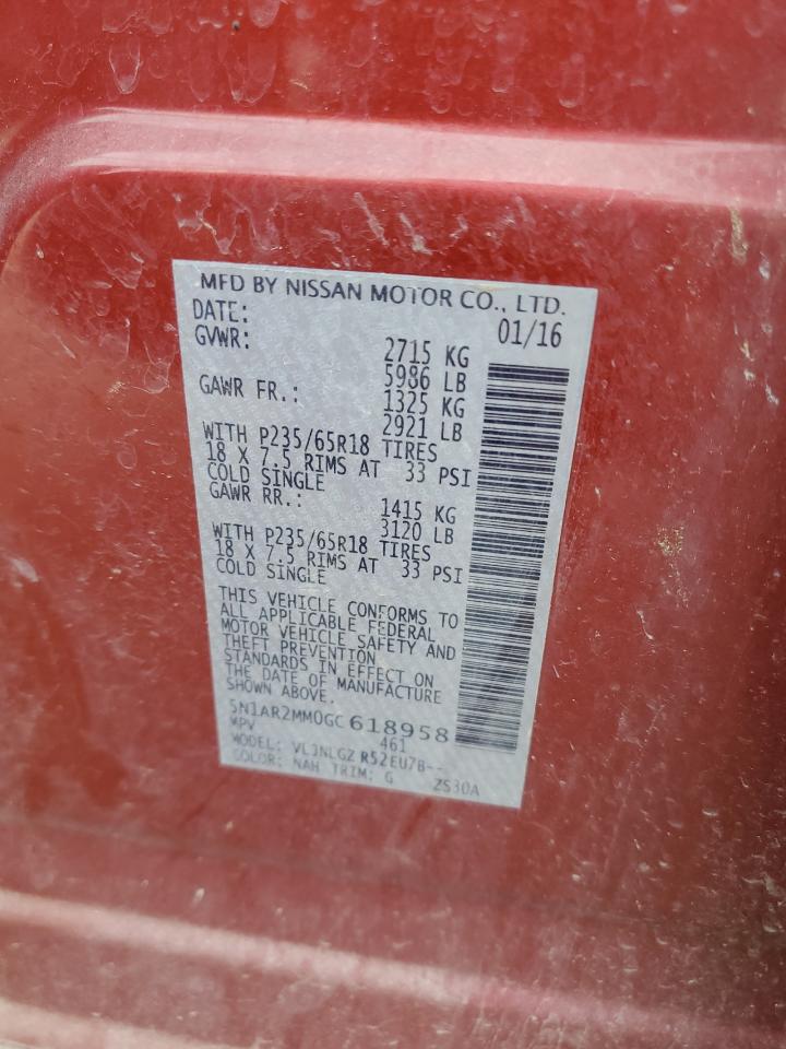 2016 Nissan Pathfinder S VIN: 5N1AR2MM0GC618958 Lot: 64990705