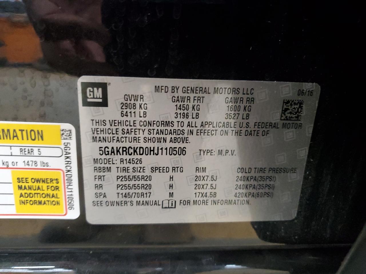 2017 Buick Enclave VIN: 5GAKRCKD0HJ110506 Lot: 64825645