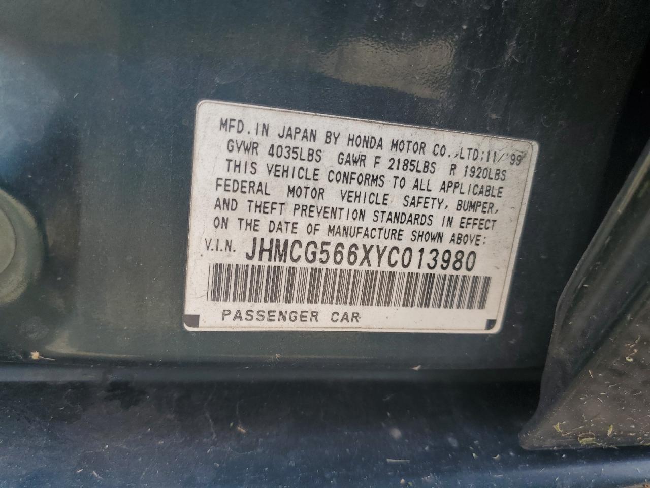 2000 Honda Accord Ex VIN: JHMCG566XYC013980 Lot: 65272695