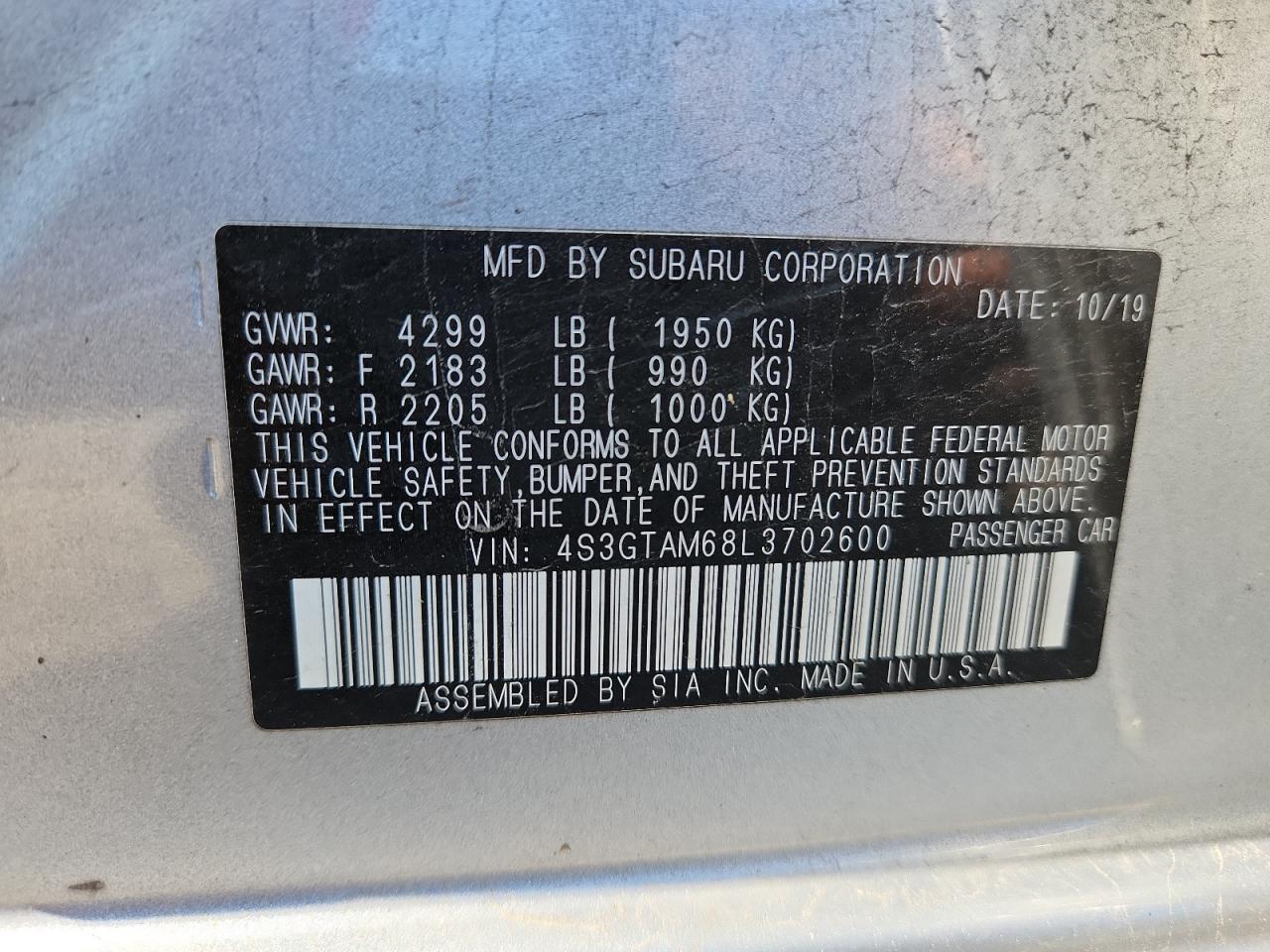 2020 Subaru Impreza Sport VIN: 4S3GTAM68L3702600 Lot: 62135295