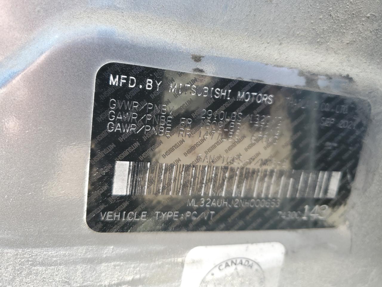 2022 Mitsubishi Mirage Es VIN: ML32AUHJ2NH000653 Lot: 64505375