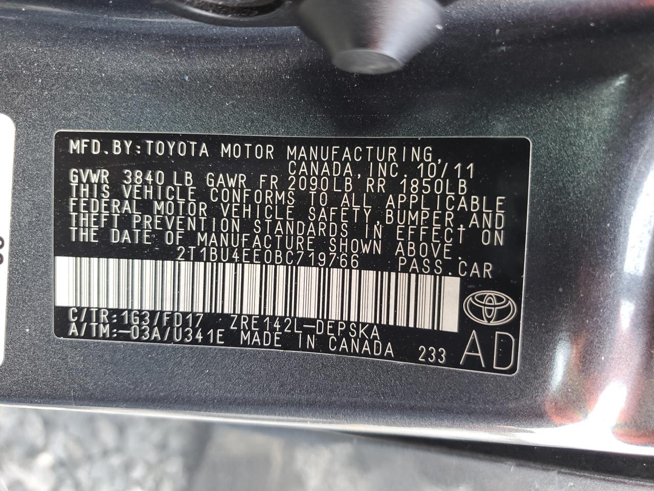 2011 Toyota Corolla Base VIN: 2T1BU4EE0BC719766 Lot: 62929085