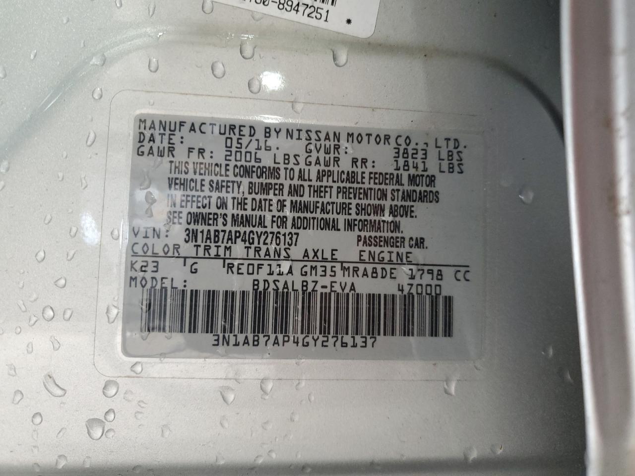 2016 Nissan Sentra S VIN: 3N1AB7AP4GY276137 Lot: 63029385