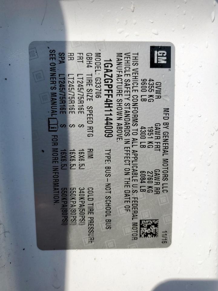 2017 Chevrolet Express G3500 Lt VIN: 1GAZGPFF4H1144009 Lot: 65571545