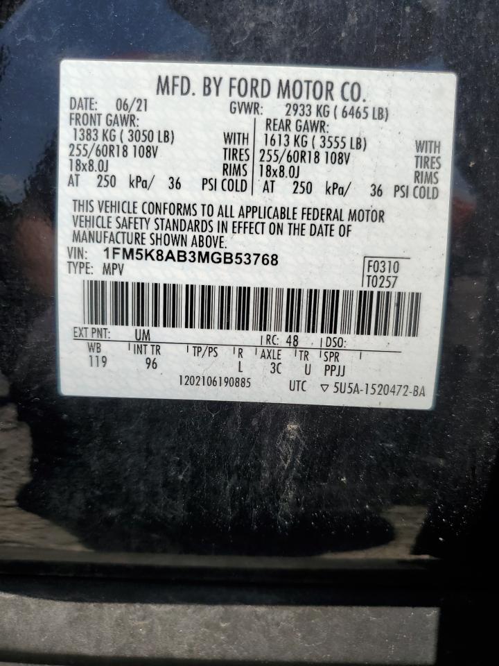 2021 Ford Explorer Police Interceptor VIN: 1FM5K8AB3MGB53768 Lot: 64778085