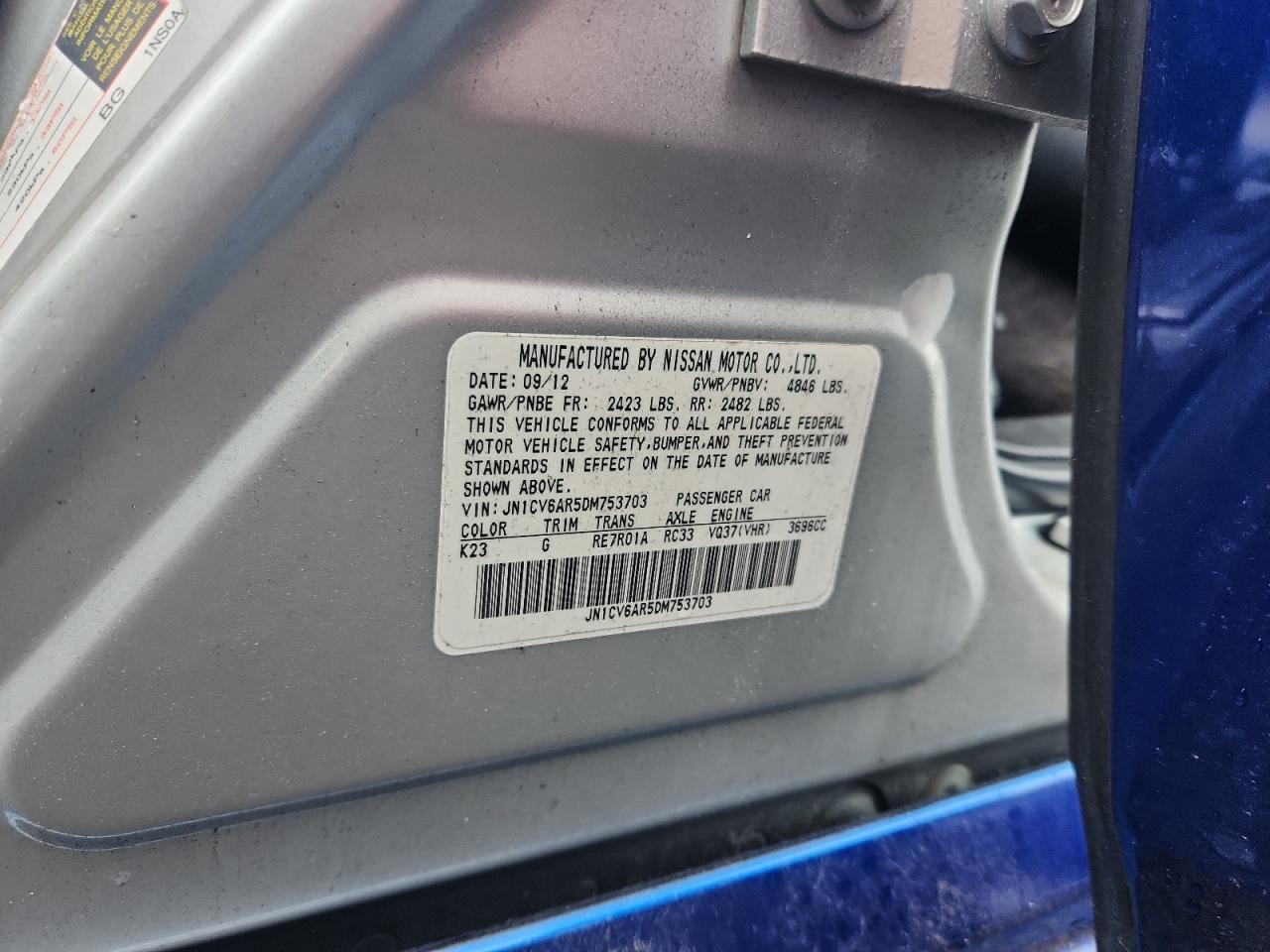 2013 Infiniti G37 VIN: JN1CV6AR5DM753703 Lot: 63063455