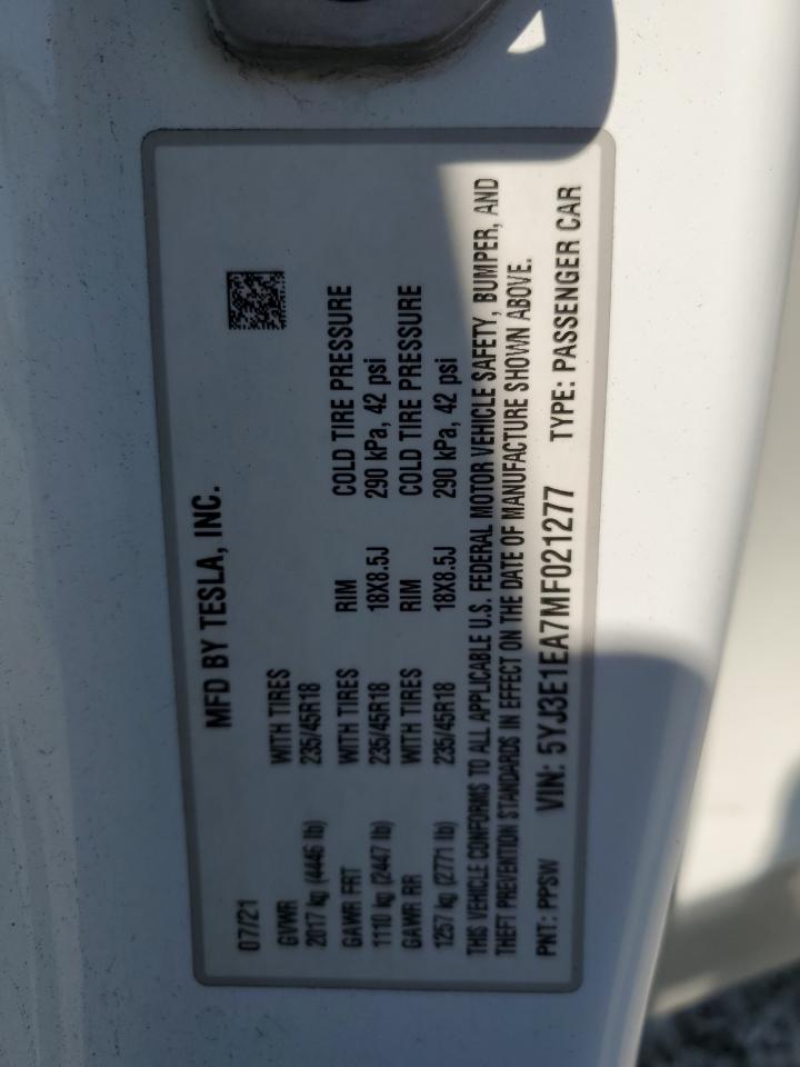 2021 Tesla Model 3 VIN: 5YJ3E1EA7MF021277 Lot: 64693465