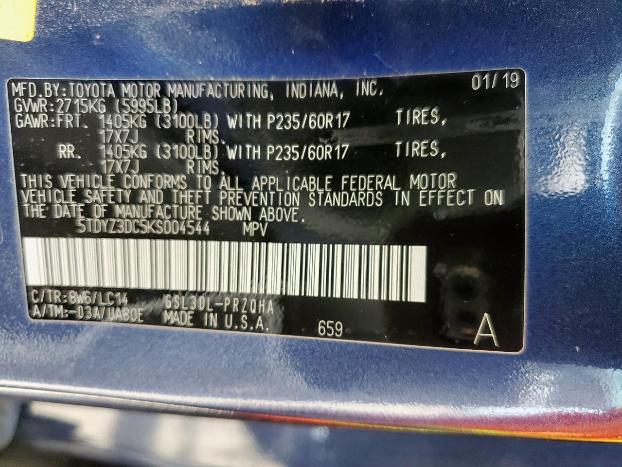 2019 Toyota Sienna Xle VIN: 5TDYZ3DC5KS004544 Lot: 64853985