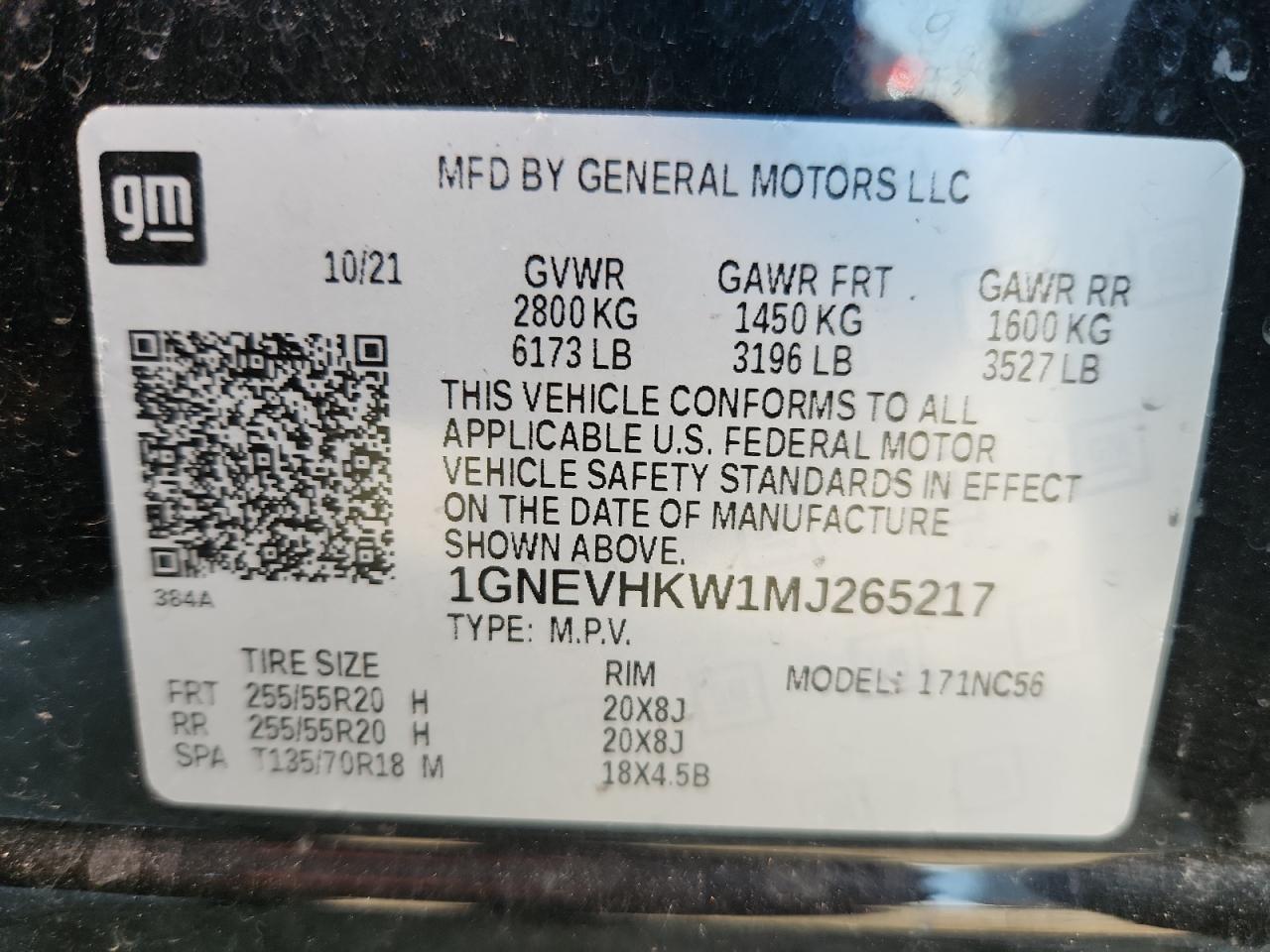 2021 Chevrolet Traverse Lt VIN: 1GNEVHKW1MJ265217 Lot: 63672585