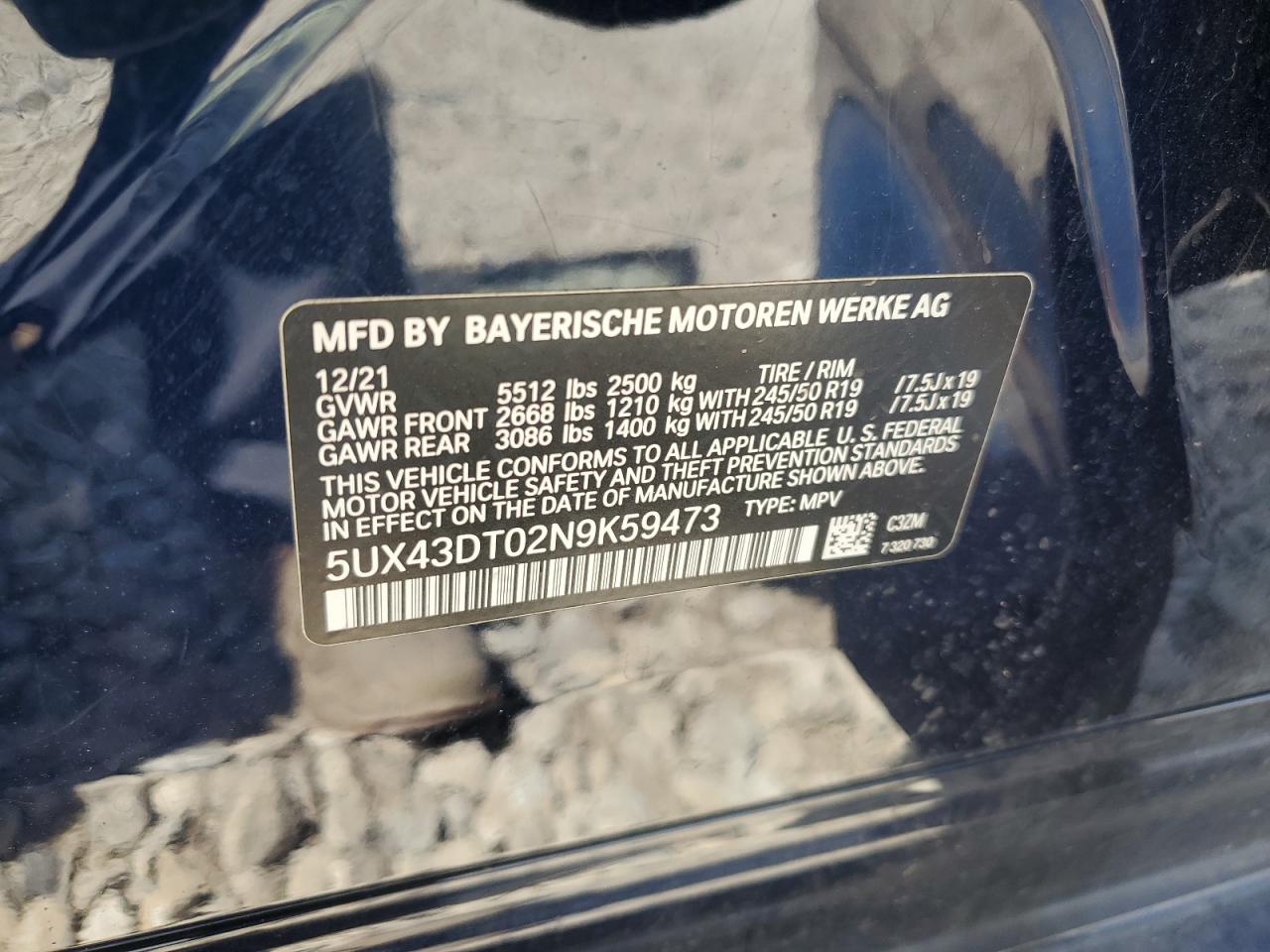 2022 BMW X4 M40I VIN: 5UX43DT02N9K59473 Lot: 62493725
