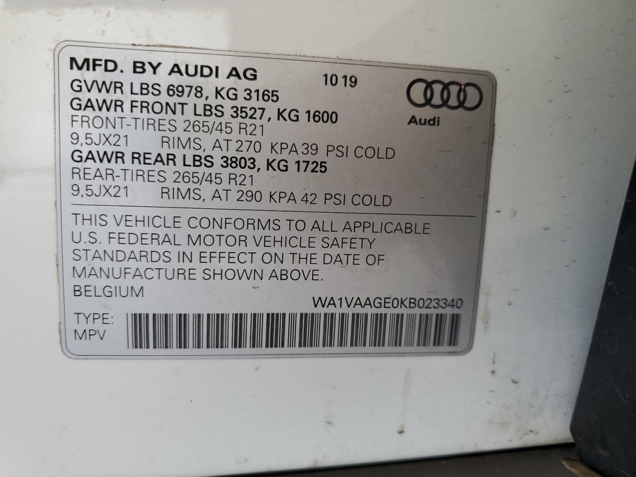 2019 Audi E-Tron Prestige VIN: WA1VAAGE0KB023340 Lot: 63026595