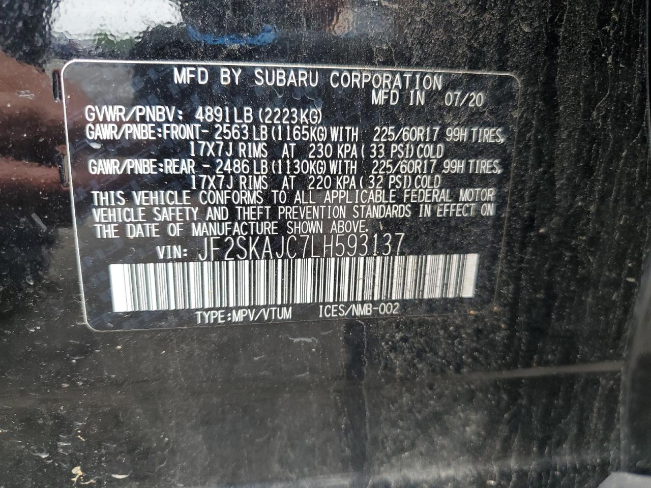 2020 Subaru Forester Premium VIN: JF2SKAJC7LH593137 Lot: 64472475