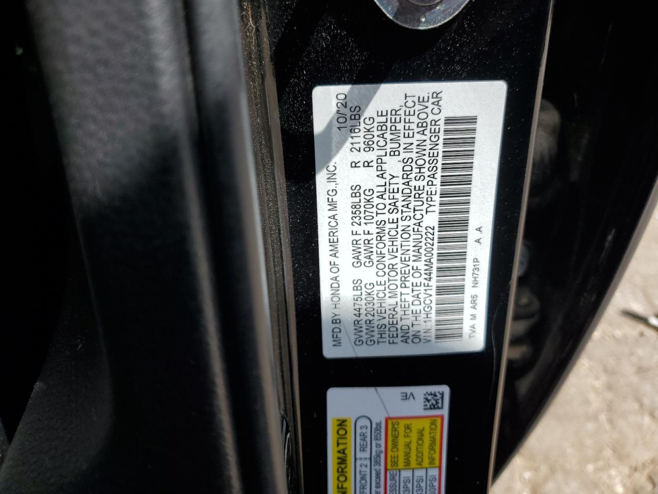 2021 Honda Accord Sport Se VIN: 1HGCV1F44MA002222 Lot: 64736065