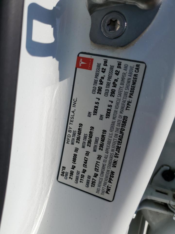 2018 Tesla Model 3 VIN: 5YJ3E1EA0JF015820 Lot: 63601635