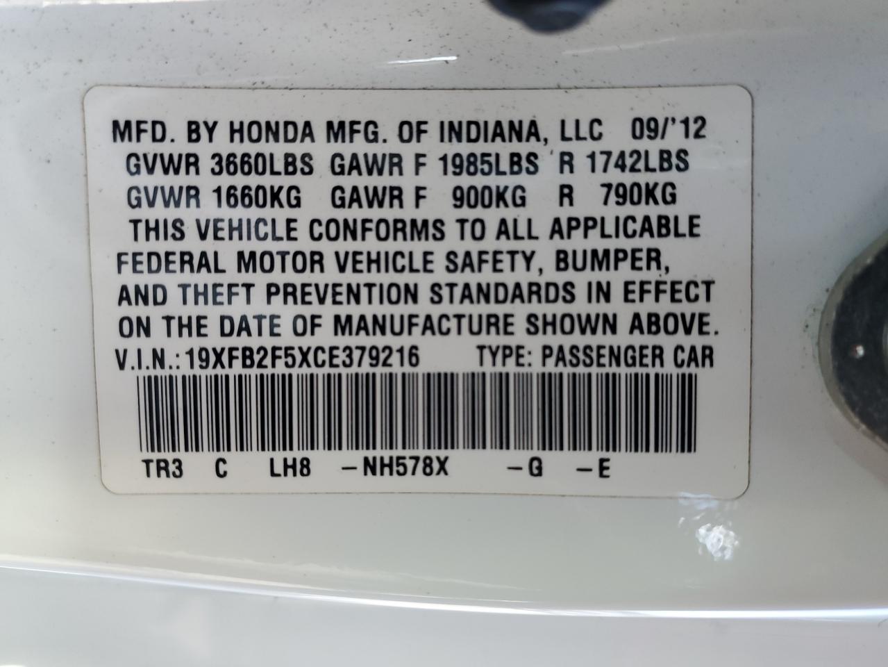 2012 Honda Civic Lx VIN: 19XFB2F5XCE379216 Lot: 64496295