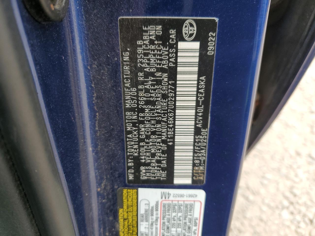 2007 Toyota Camry Ce VIN: 4T1BE46K67U029771 Lot: 66372935