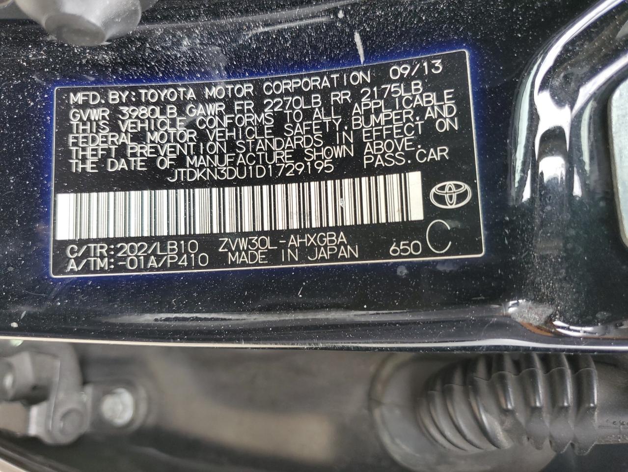 2013 Toyota Prius VIN: JTDKN3DU1D1729195 Lot: 65763475