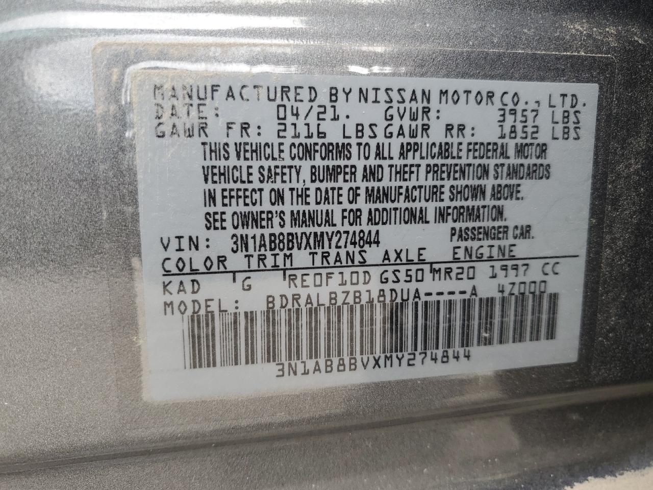 2021 Nissan Sentra S VIN: 3N1AB8BVXMY274844 Lot: 63809185