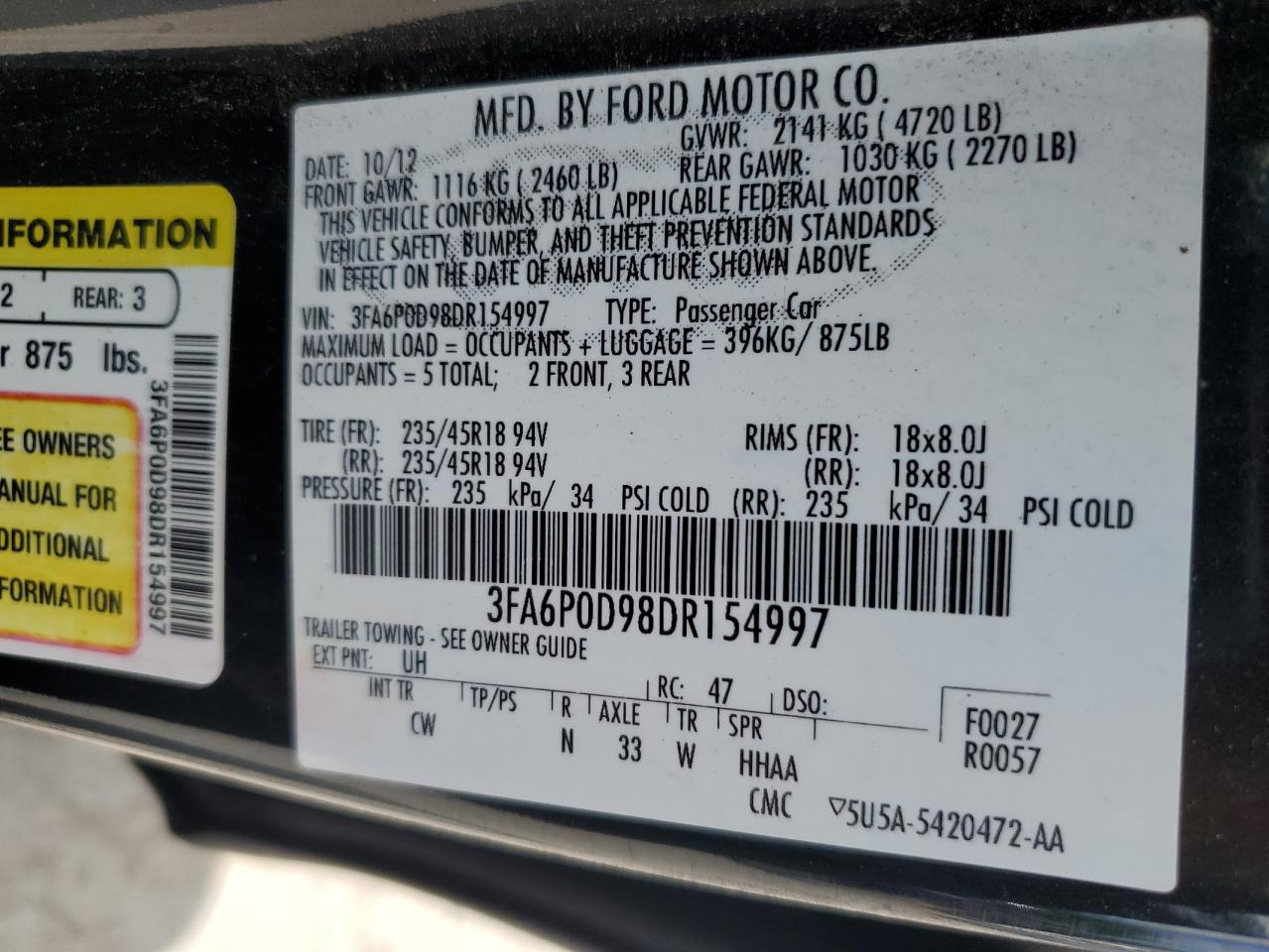 2013 Ford Fusion Titanium VIN: 3FA6P0D98DR154997 Lot: 64906605